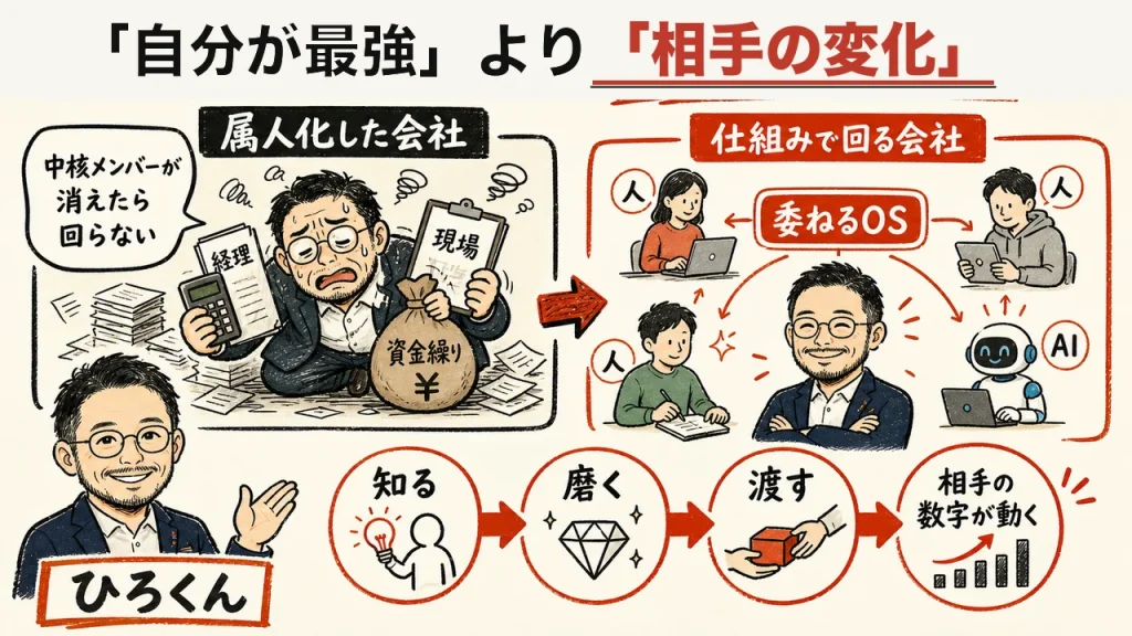 「自分が最強」より「相手の変化」へ — 属人化と委ねるOSの全体図解