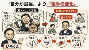 「自分が最強」より「相手の変化」へ — 属人化と委ねるOSの全体図解