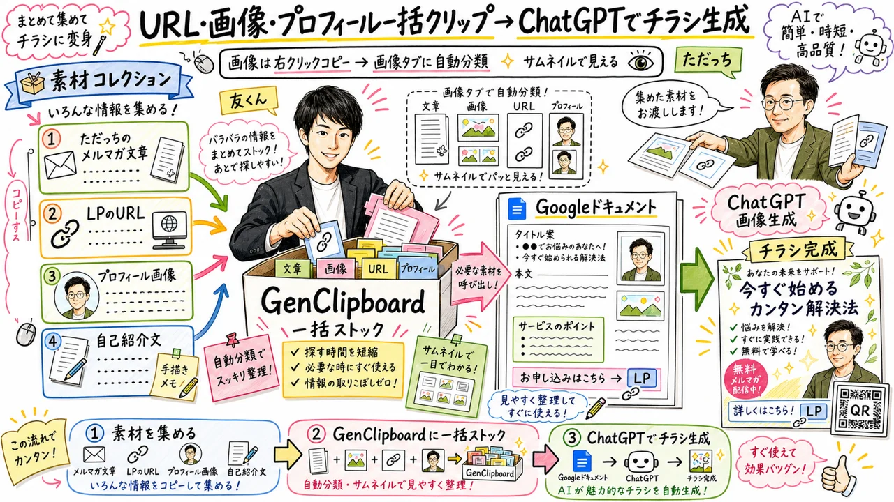 URL・画像・プロフィール一括クリップ→ChatGPTでチラシ生成