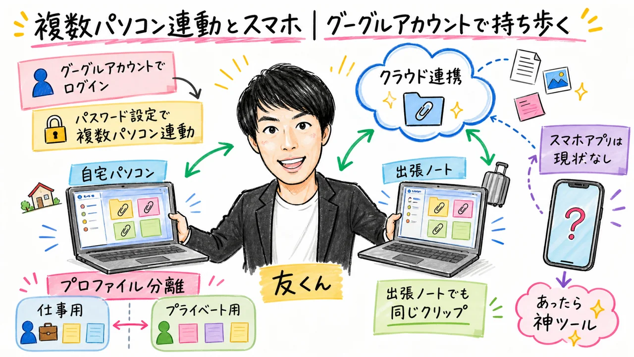 複数パソコン連動とスマホ｜Googleアカウントで持ち歩く