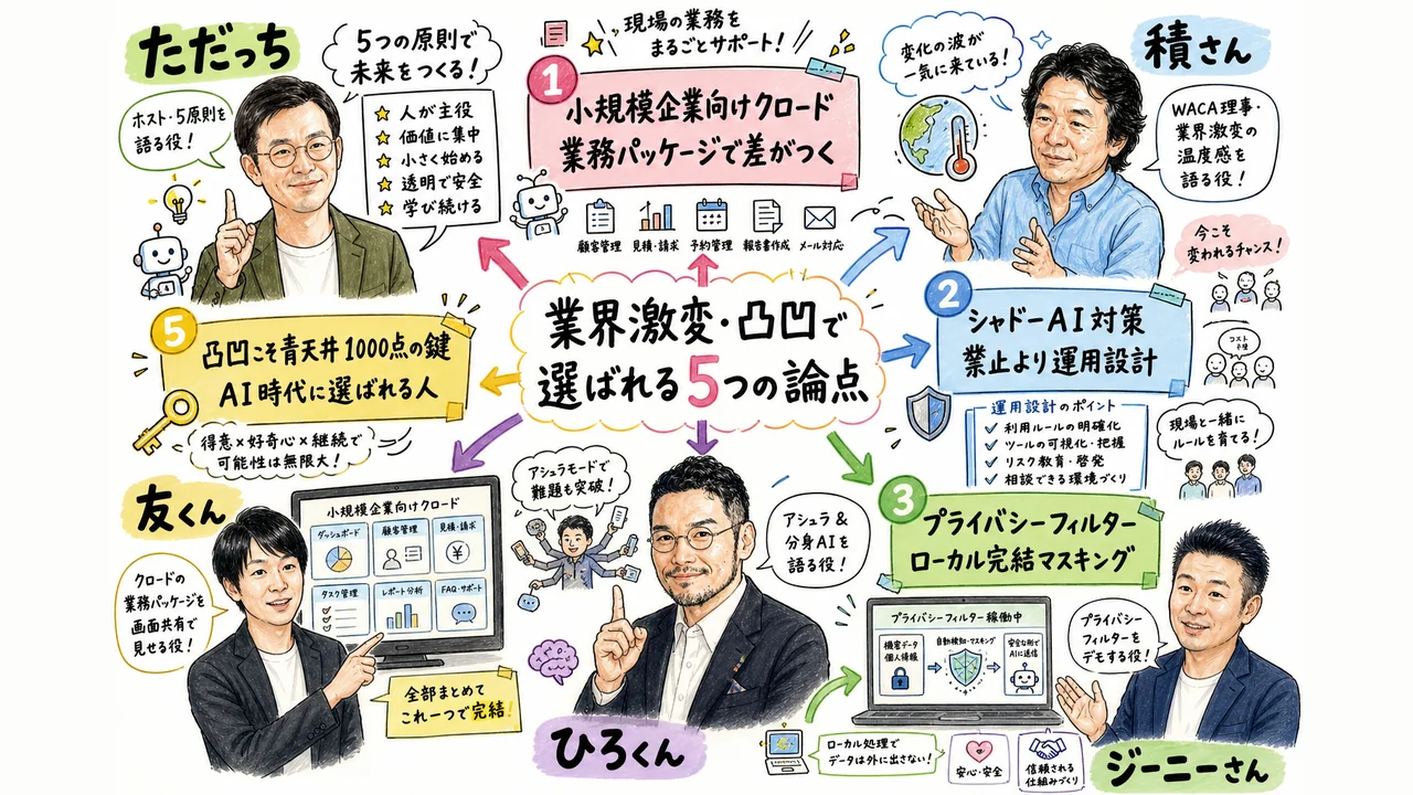 5人のWACAコラボLIVE論点の全体図解 — ただっち・ひろくん・積さん・友くん・ジーニーさん