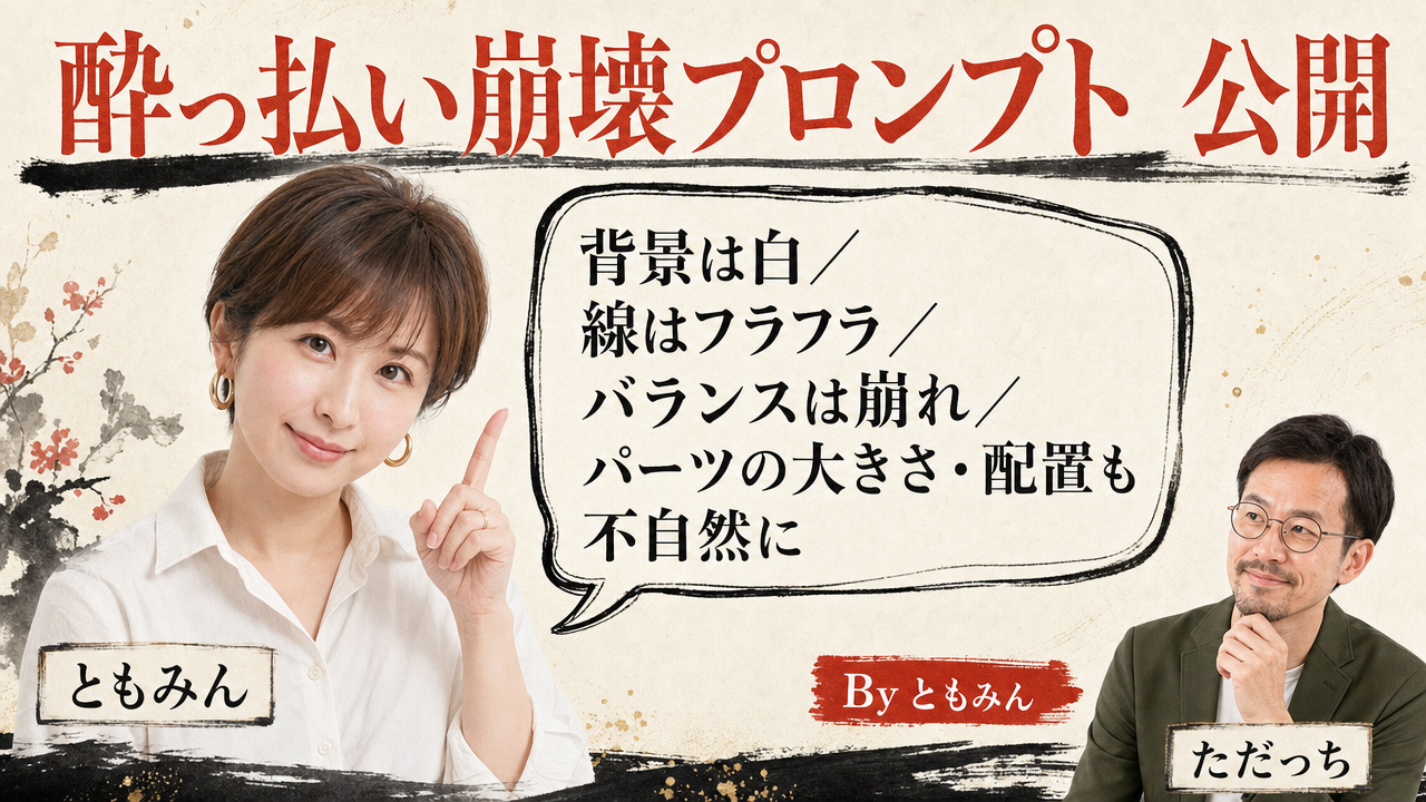 【実演①】「酔っ払い崩壊」プロンプトで人物画像を意図的に壊す