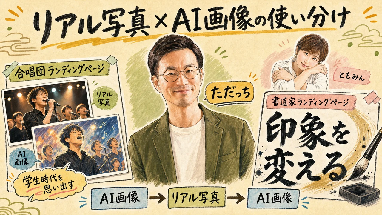 リアル写真×AI画像の使い分け：合唱団LPと書道家LPの2例