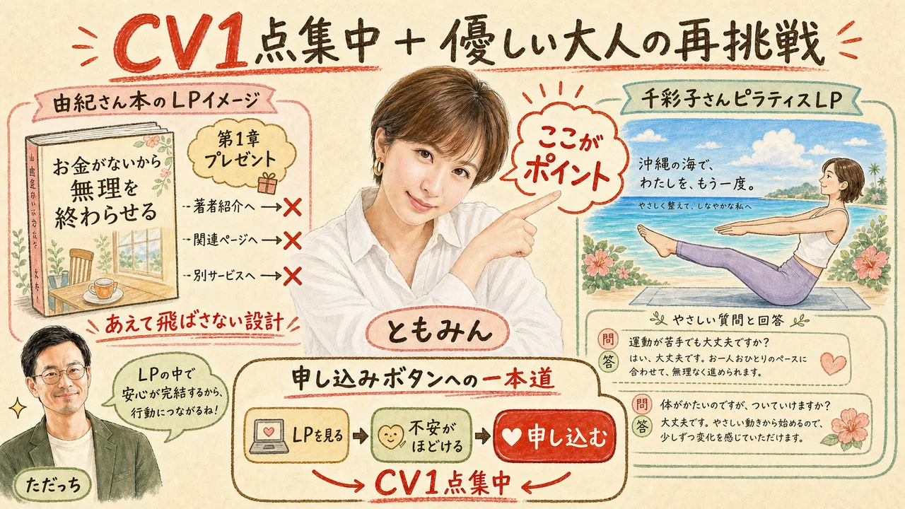 あえてリンクを飛ばさないLP設計：CV1点集中の本のLPと、大人がもう一度始める優しいピラティスLP
