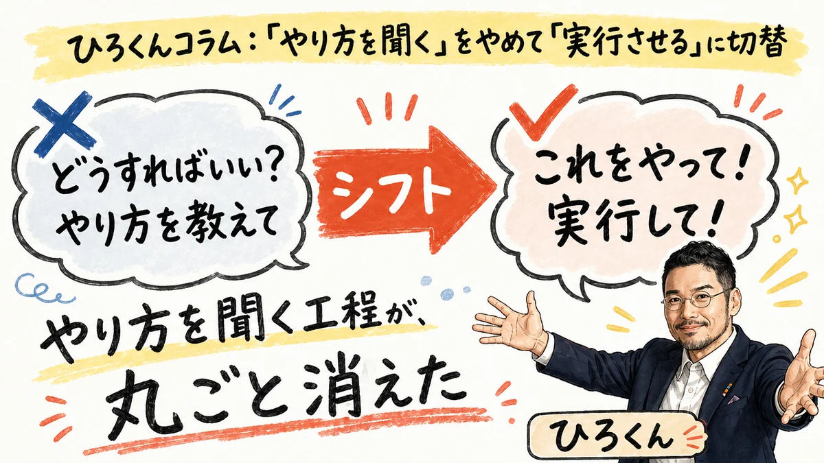 ひろくんコラム図解：やり方を聞くから実行させるへ