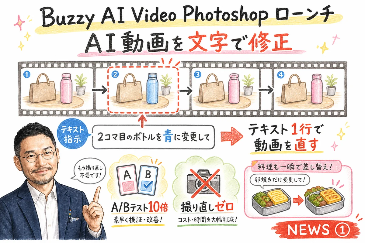 Buzzy AI Video Photoshop ローンチ AI動画を文字で修正