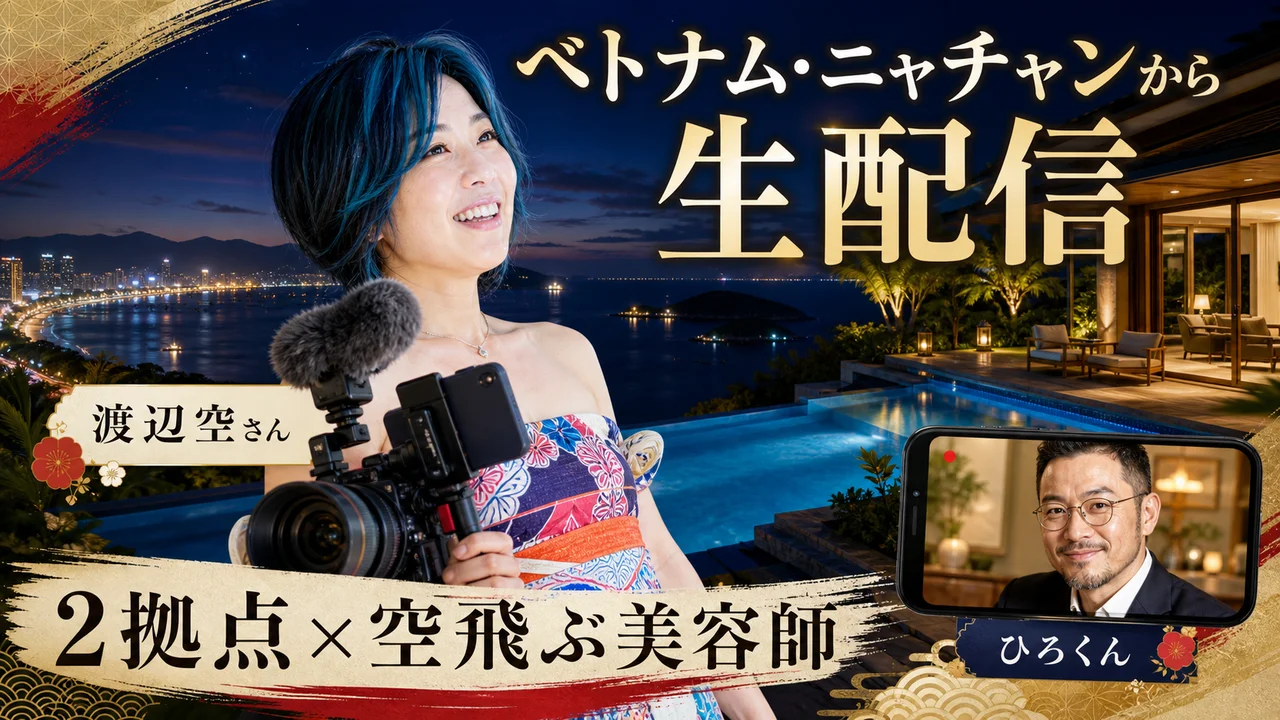 ベトナム・ニャチャンの夜景を背景に生配信する渡辺空さんと、東京から見守るひろくん・えびさんの構図