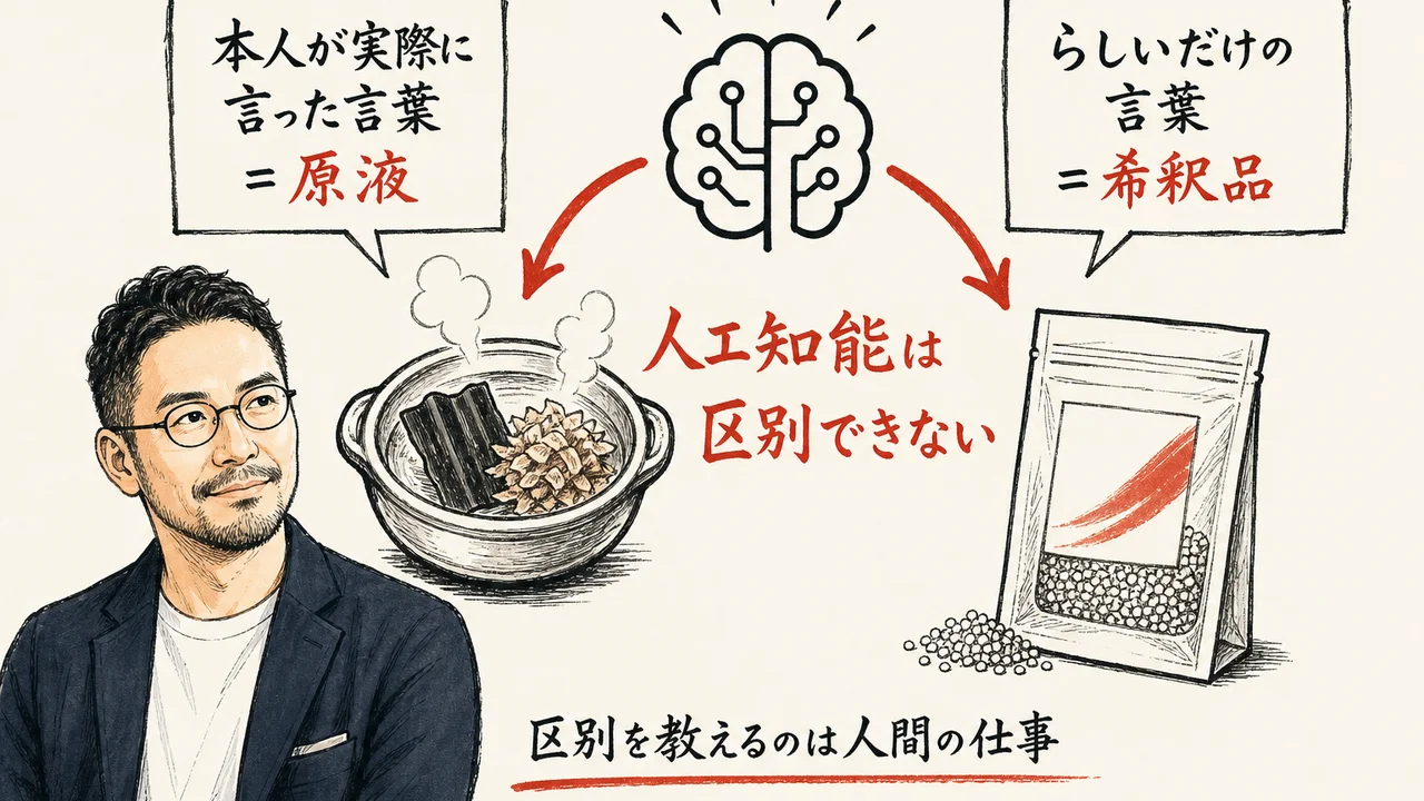AIが「本人が言った言葉（原液）」と「らしいだけの言葉（希釈品）」を区別できない構造図