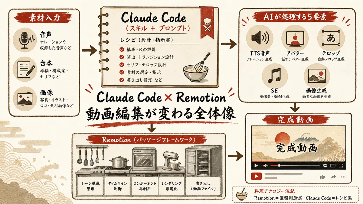 Claude Code × Remotion 動画編集の全体像（TTS・アバター・テロップ・SE・画像）