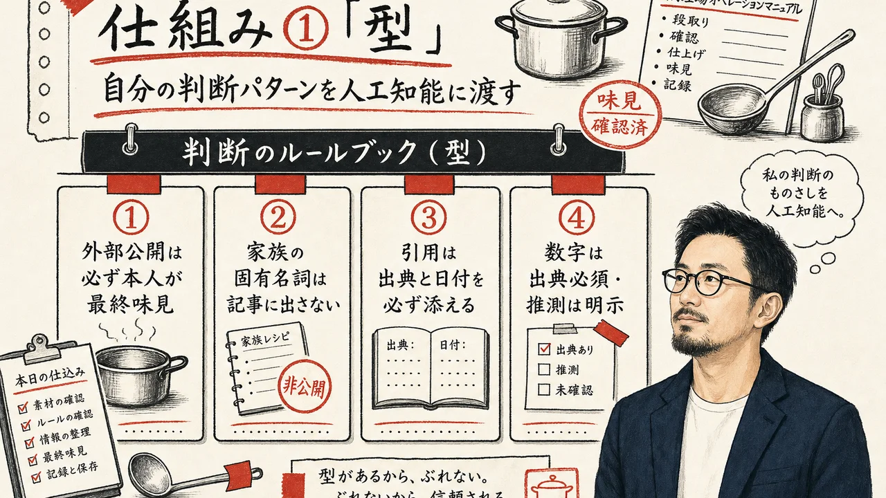 仕組み①型：外部公開の最終味見・家族の固有名詞NG・引用の出典・断定の根拠の4つの判断ルールブック図解