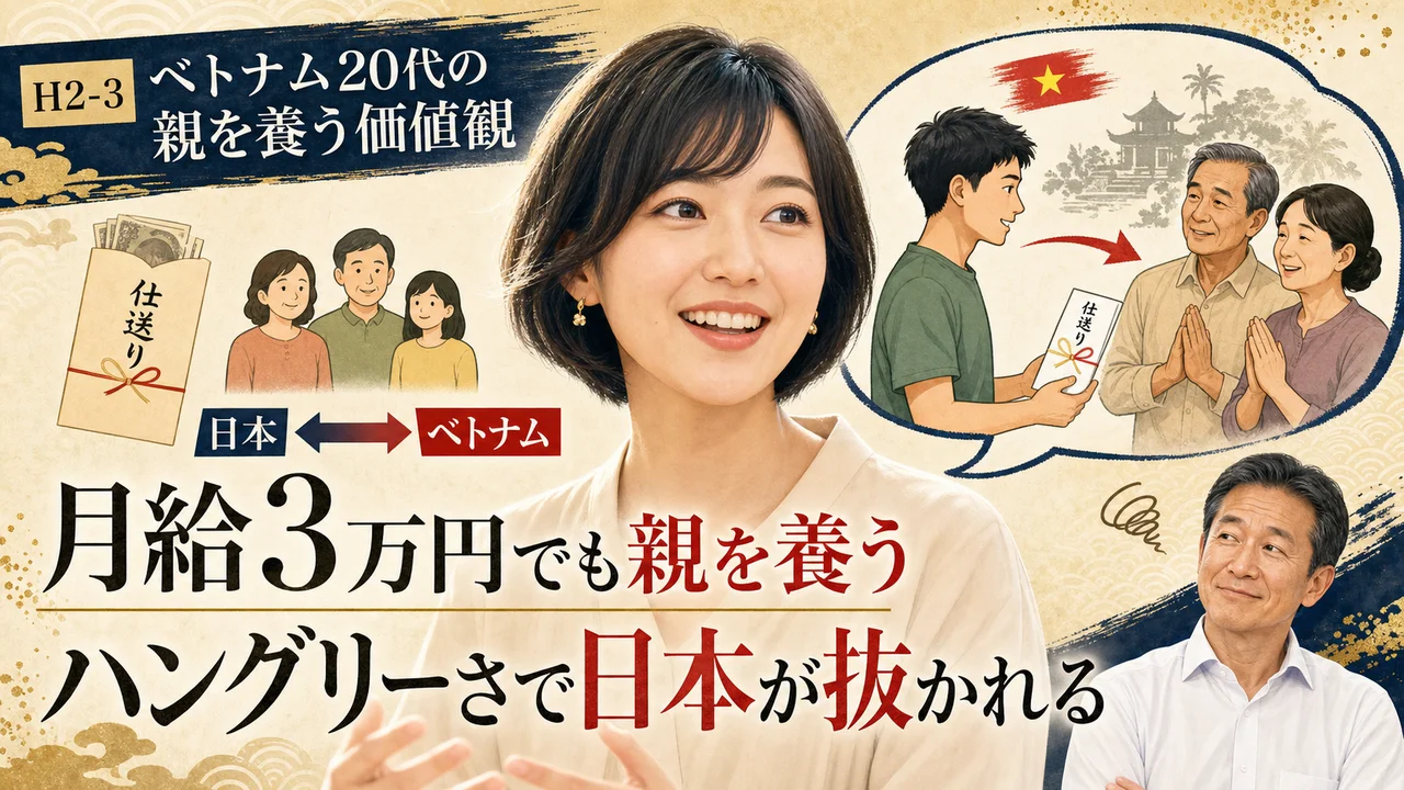 ベトナム20代が親を養う構図と、日本の50代親が子どもを養う構図の対比図解