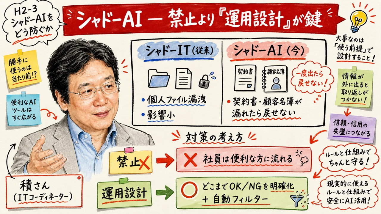シャドーAI問題 — 禁止より運用設計が鍵 という構造図
