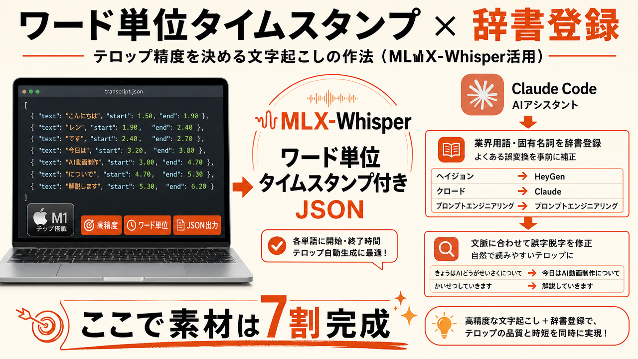 MLX-WhisperでMacBook上で文字起こし、ワード単位タイムスタンプ付きJSONを生成するフロー図