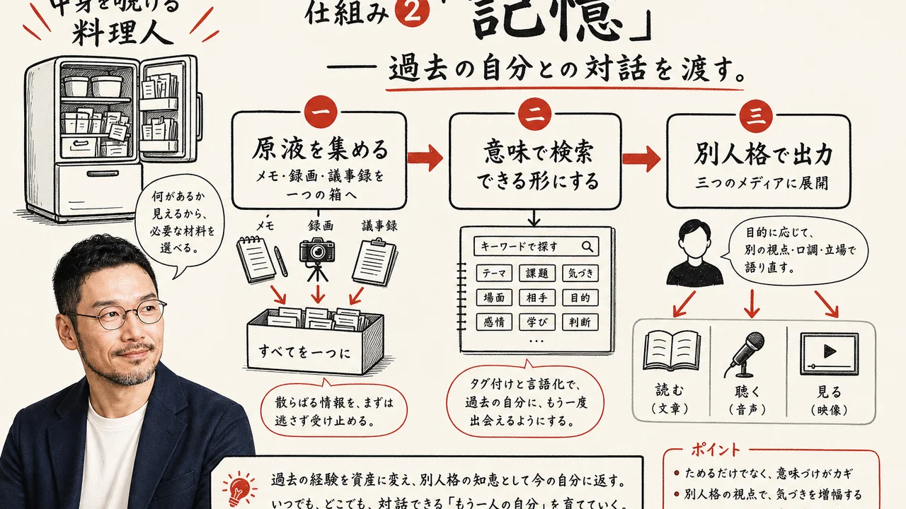仕組み②記憶：原液を集める→意味で検索できる形にする→別人格で出力する3ステップ図解