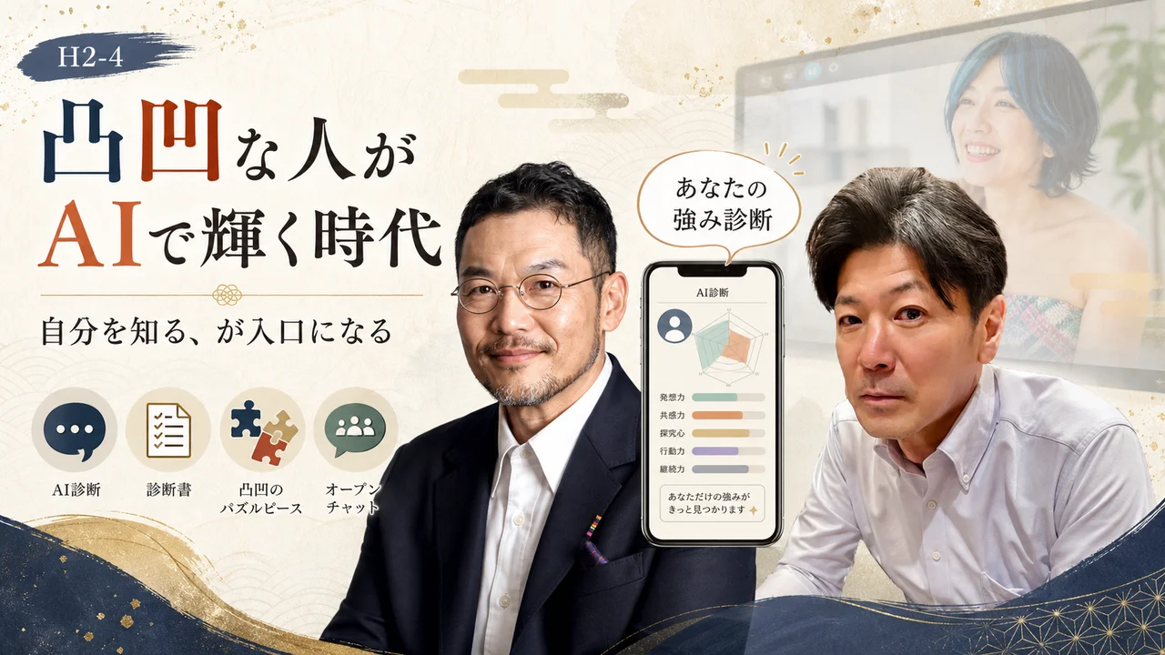 AI診断を入口に自分の強みを知る人と、それをコミュニティでシェアする凸凹マッチングの図解
