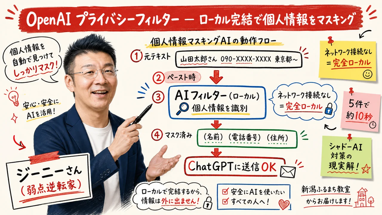 OpenAIプライバシーフィルター — ローカル完結マスキングAIの動作図