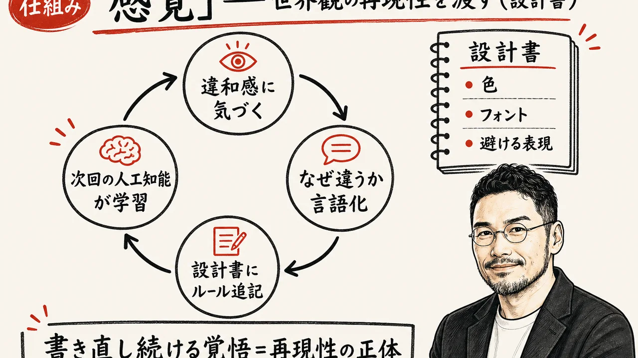 仕組み③感覚：違和感に気づく→言語化→設計書にルール追記→AIが学習する円環サイクル図解