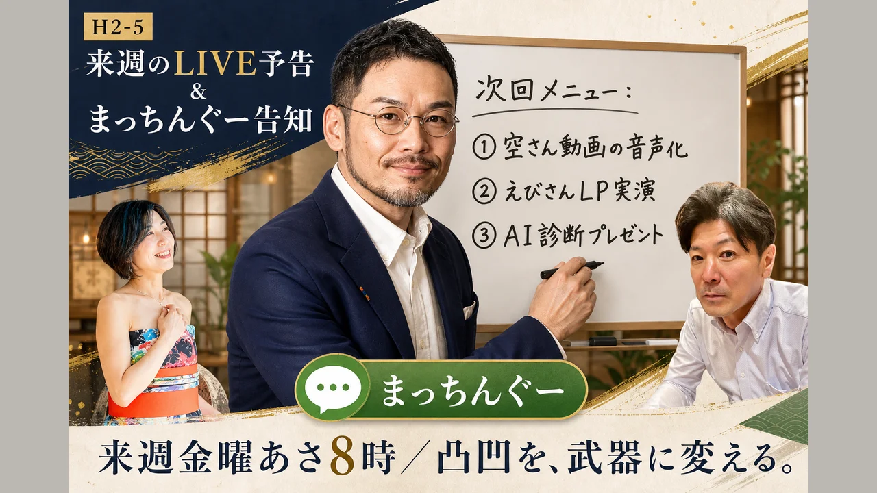 次回予告 まっちんぐーのオープンチャットに参加する3人と、AI診断・音声化・LP作成のメニュー