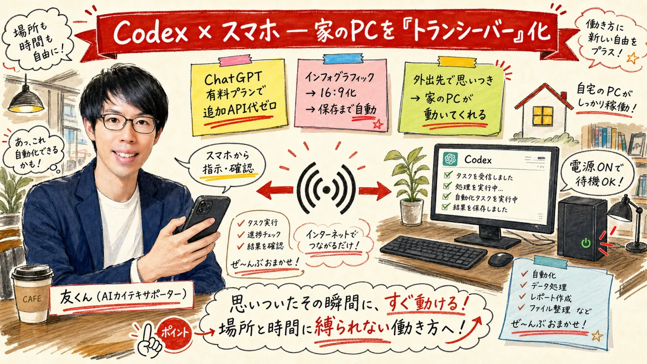 Codex×スマホで家のPCをトランシーバーのように動かす働き方の図解