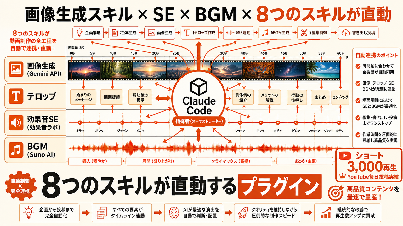 Gemini API画像生成・SE自動配置・Suno AI BGMが連動するワークフロー図