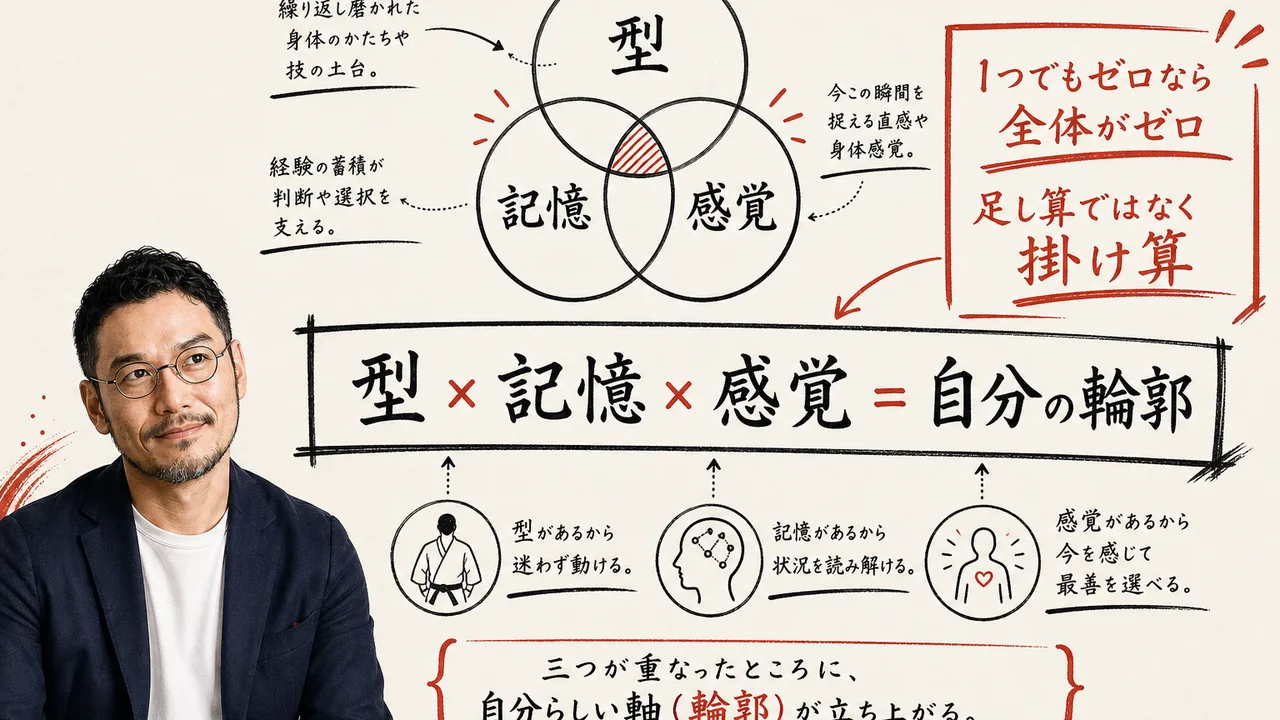 型×記憶×感覚＝自分の輪郭。1つでもゼロなら全体がゼロになる掛け算のベン図