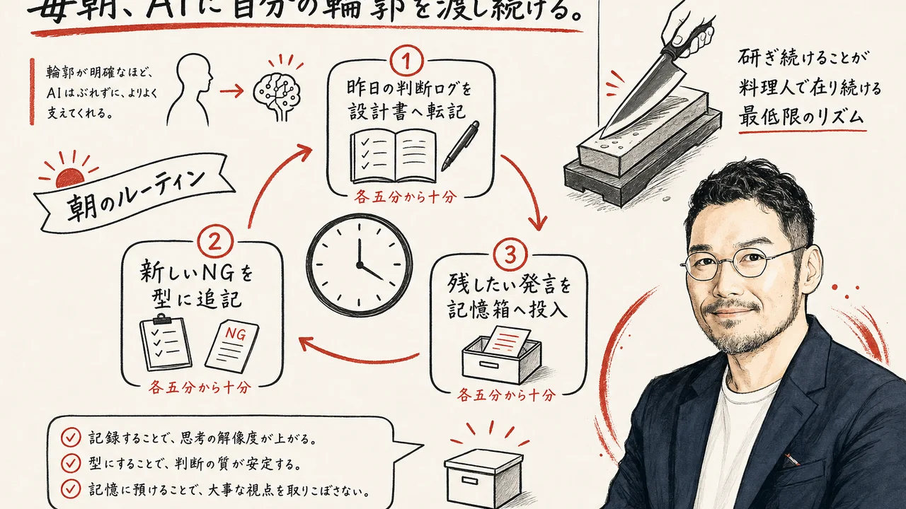 毎朝のルーティン：判断ログを設計書へ転記・新しいNGを型に追記・残したい発言を記憶箱へ投入する習慣図解