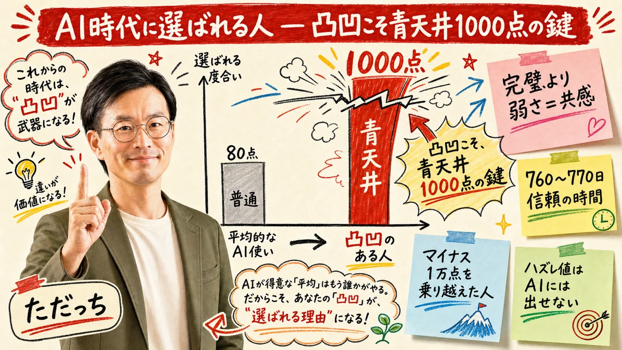 AI時代に選ばれる人 — 80点が普通／凸凹で青天井1000点を狙う構造図