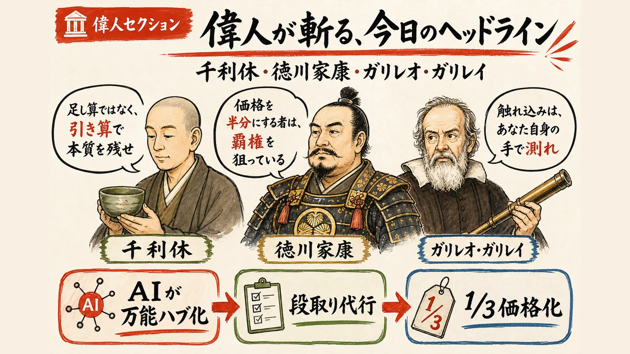 千利休 徳川家康 ガリレオ・ガリレイの3偉人が今日のAIヘッドラインを斬る図解