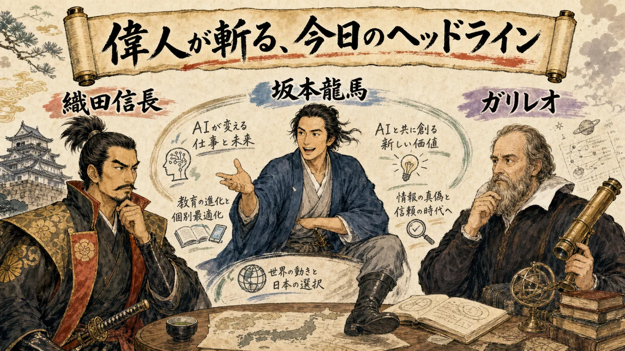 織田信長・坂本龍馬・ガリレオが今日のヘッドラインを斬る図解