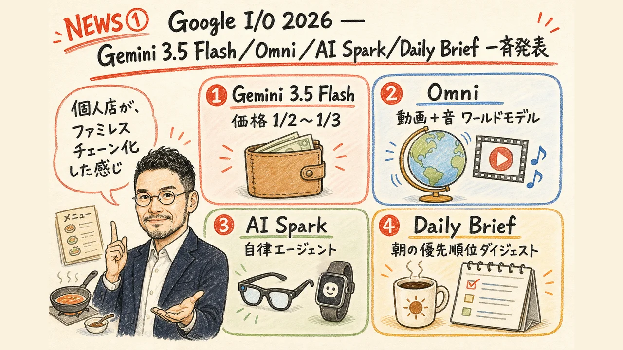 Gemini 3.5 Flash・Omni・AI Spark・Daily Brief の4機能を一覧で示す図解