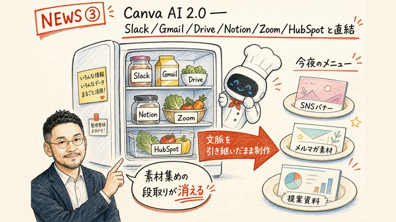 Canva AI 2.0 がSlack Gmail Drive Notion Zoom HubSpot と連携する図解