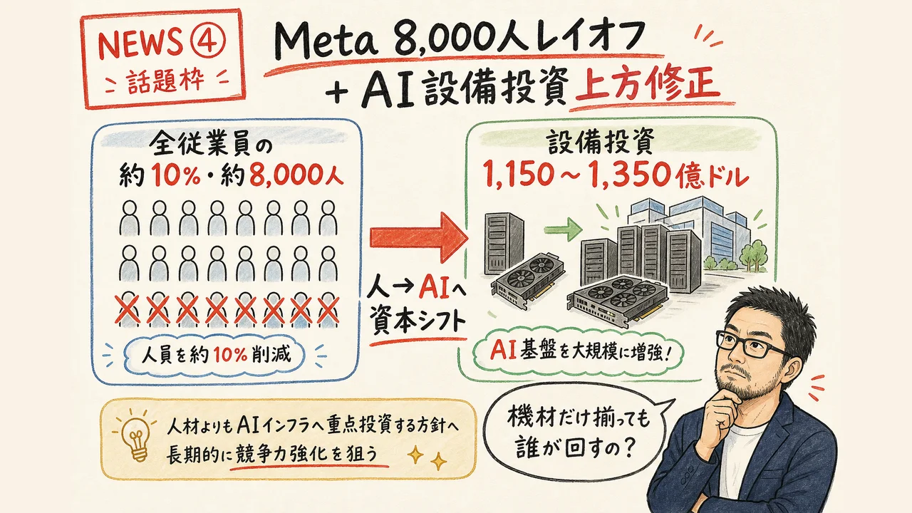 Meta 8000人レイオフ＋AI設備投資1150-1350億ドル上方修正の図解