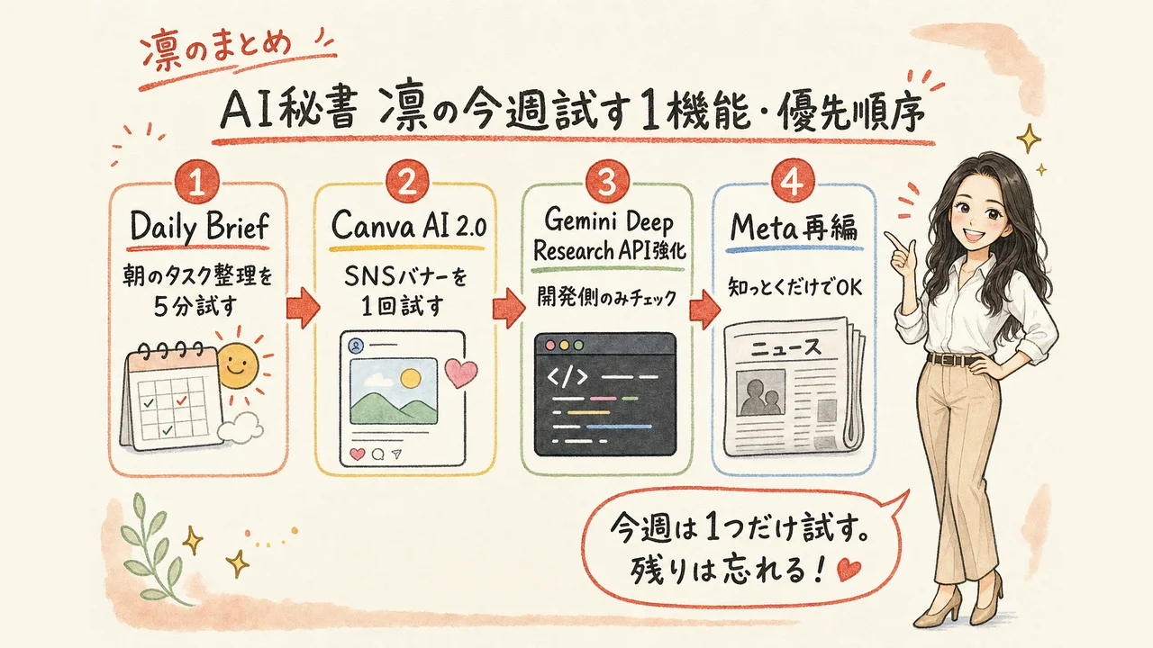 AI秘書 凛 が今週試す1機能を選ぶ4ステップ図解