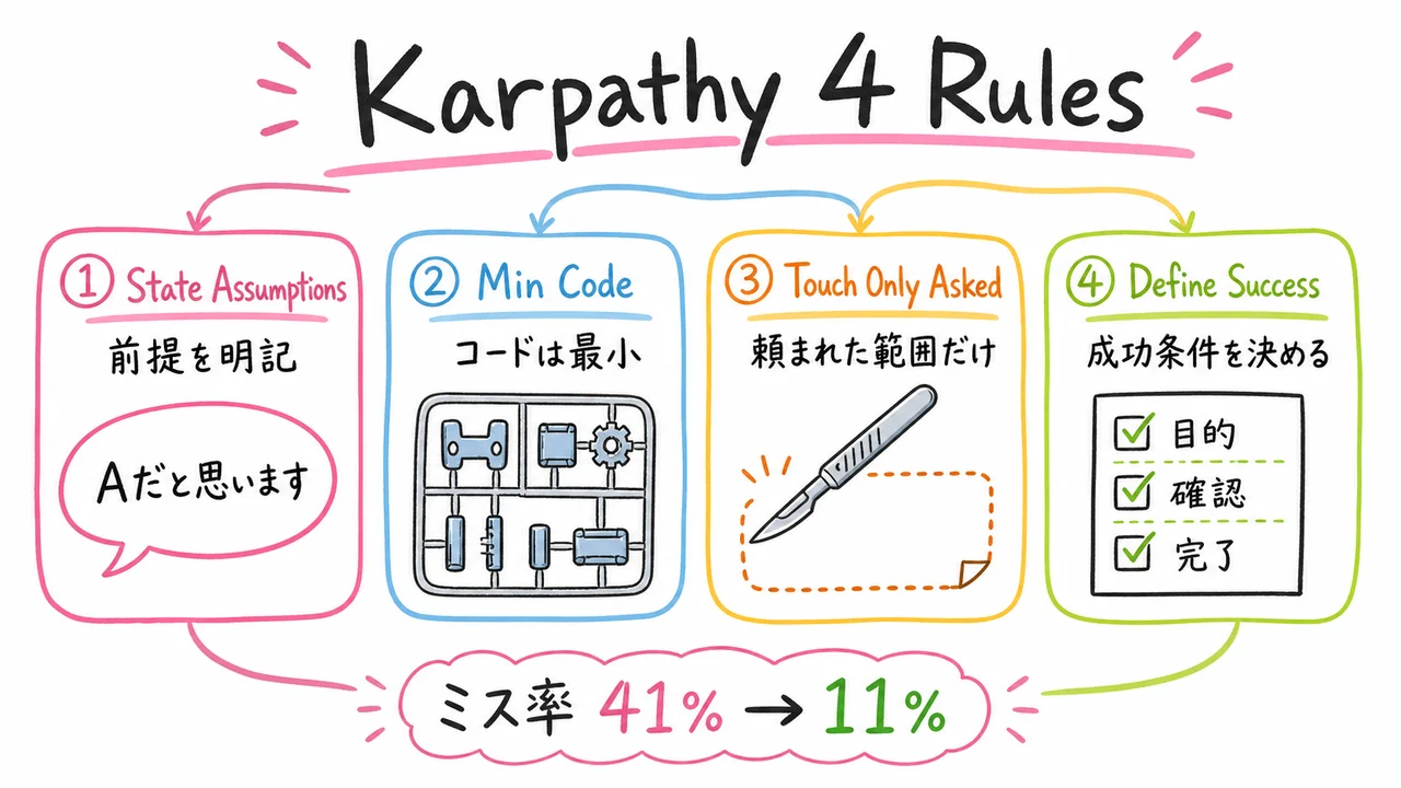 CLAUDE.md記事 H2-3: Karpathyの4ルール 41%→11%