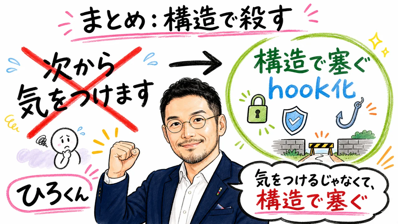 CLAUDE.md記事 H2-10: 次から気をつけますを構造で殺す まとめ