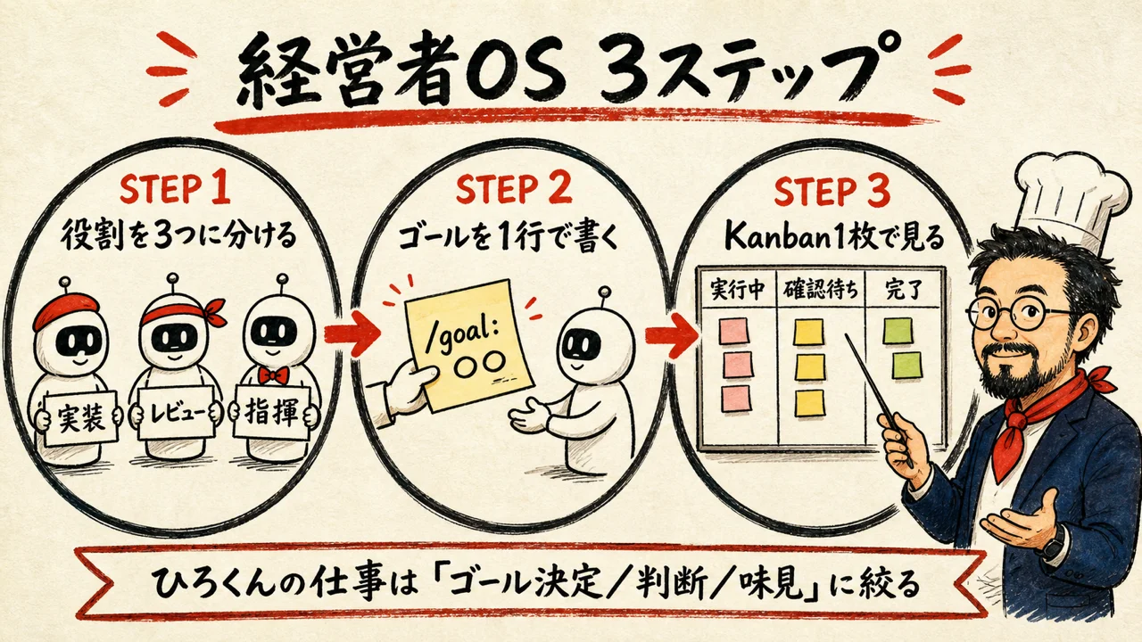 経営者OS3ステップ 役割分担・ゴール1行・Kanban1枚で組む実装フロー
