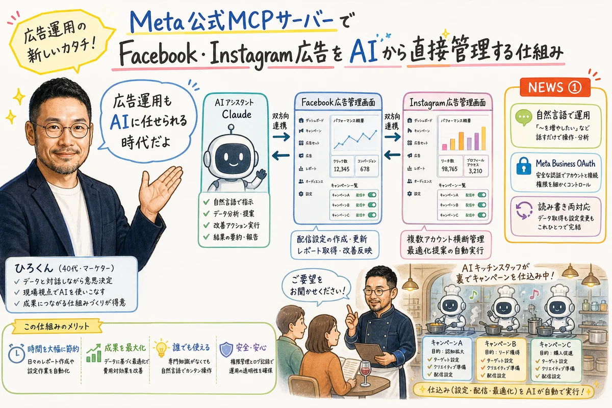 Meta MCPサーバーでFB/IG広告をAI運用するイメージ図解