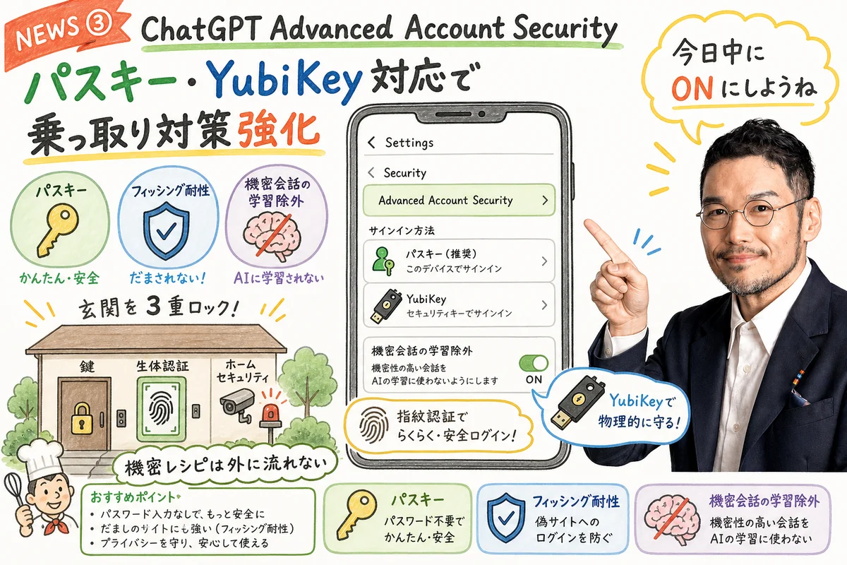 ChatGPT Advanced Account Securityのパスキー設定イメージ図解
