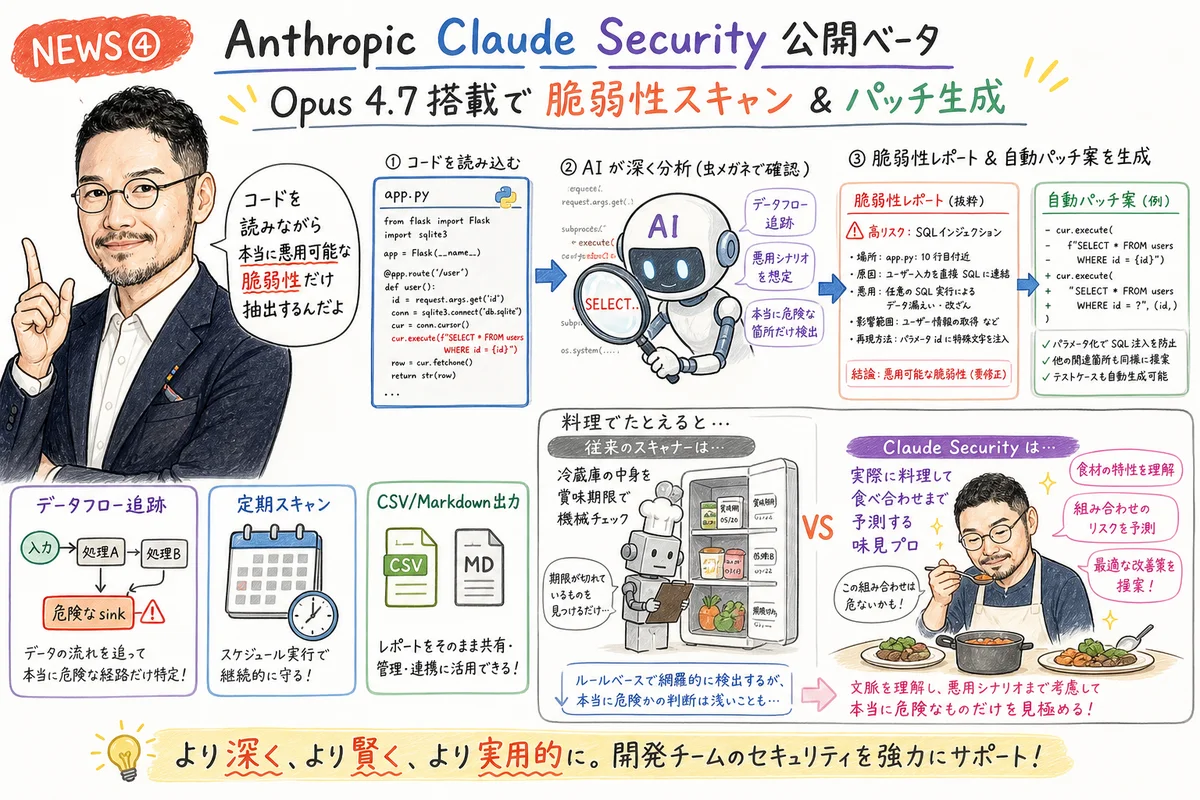 Anthropic Claude Security 公開ベータの脆弱性スキャンイメージ図解