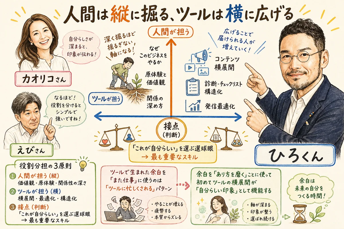 人間は縦に掘る、AIは横に広げる — 印象戦略の役割分担図