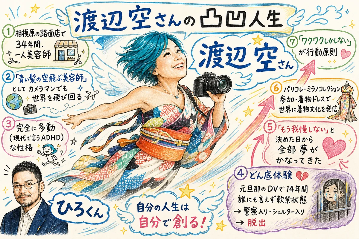 えびさんの凸凹キャリア — 看板広告業27年・音楽・美容サロン・宿泊業の図解