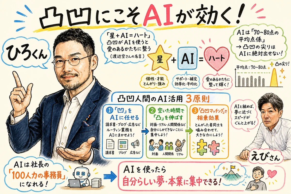 渡辺空さんの凸凹 — 美容師34年・カメラマン・空飛ぶ人生の図解