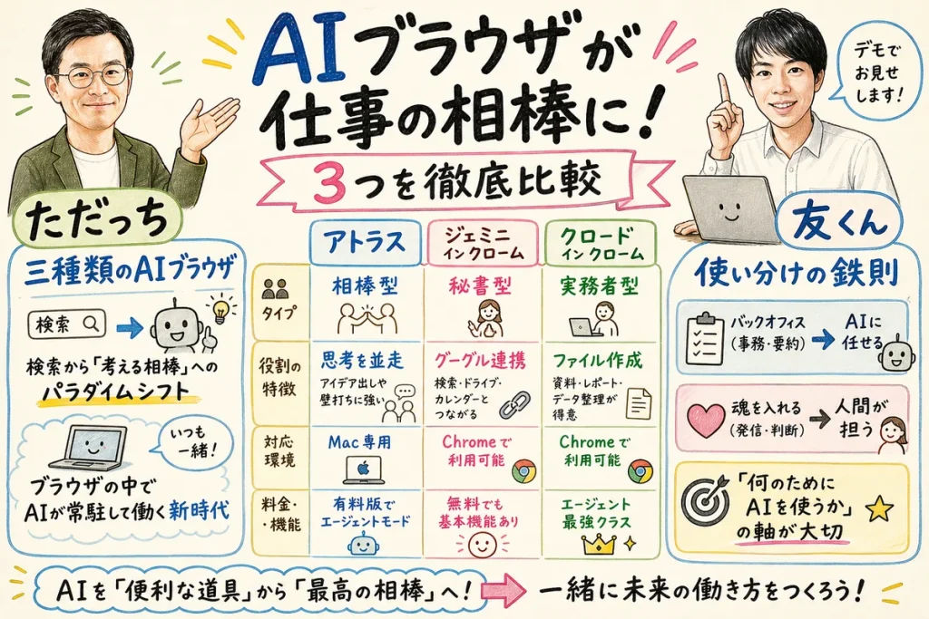 【AIブラウザ徹底比較】ChatGPT Atlas × Gemini in Chrome × Claude in Chrome｜ただっち×友くんGPTs研究会LIVE - 01-hero-overview