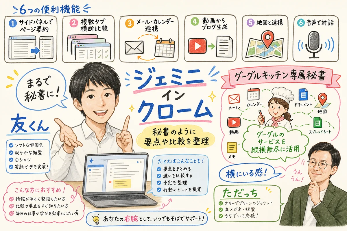 Gemini in Chrome：Gmail・カレンダー連携やYouTubeブログ化までこなす秘書型AIブラウザ