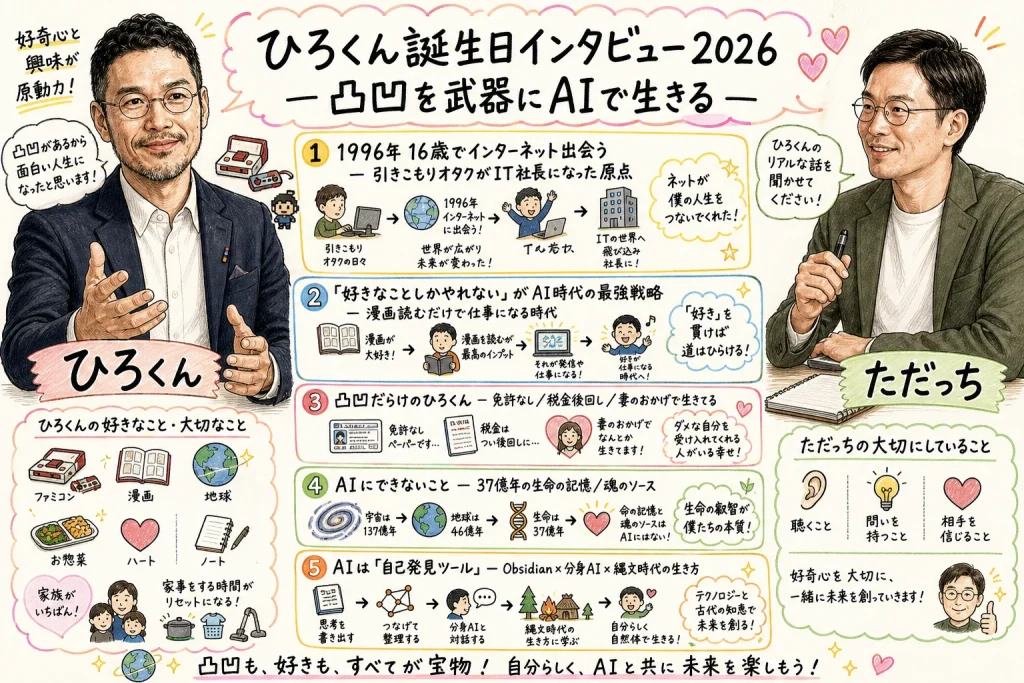 ひろくん誕生日インタビュー全体図 ─ 凸凹を武器にAIで生きる