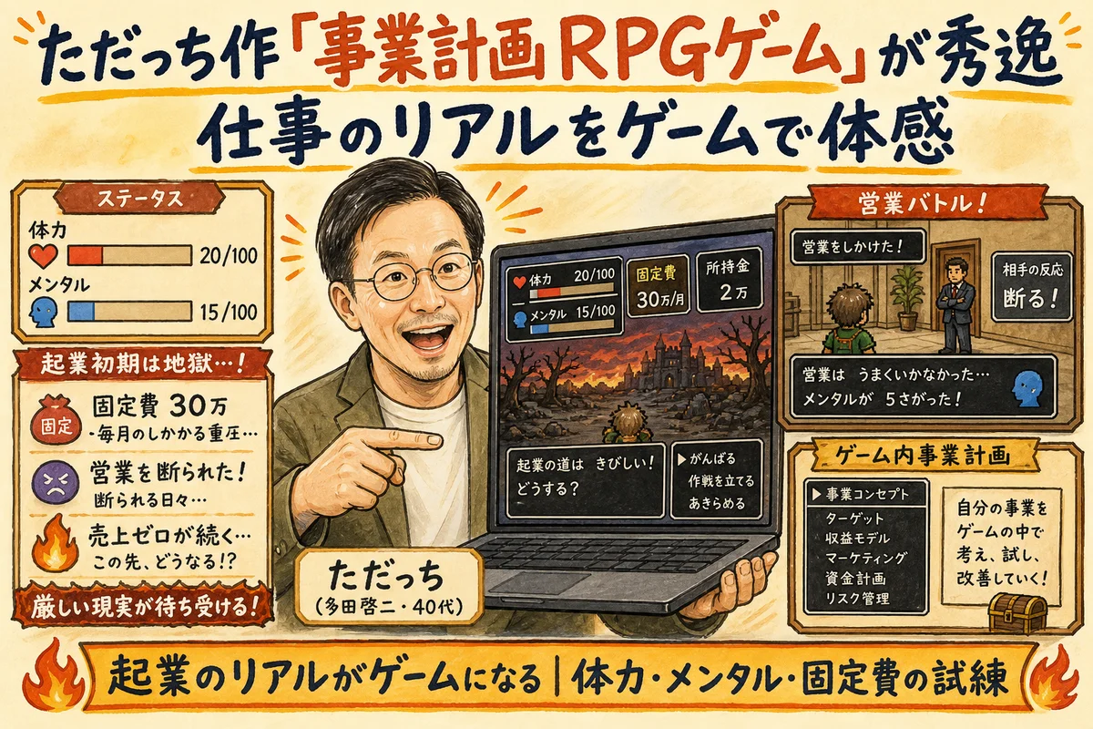 事業計画RPGゲーム：体力・メンタル・固定費が削れていく起業のリアル｜ただっち作