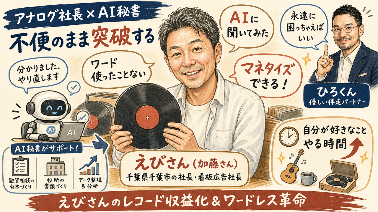 アナログ社長がAI秘書で激変 — えびさんのレコード収益化＆ワードレス革命