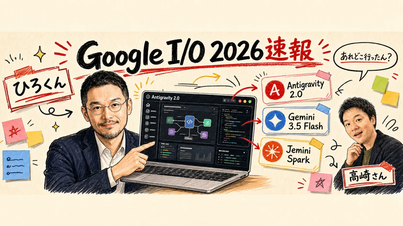 ひろくんがGoogle I/O 2026の発表内容（Antigravity 2.0、Gemini 3.5 Flash、ジェミニスパーク）を解説する見出し画像