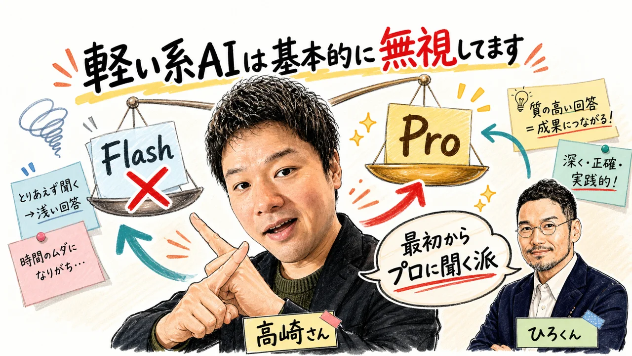 Gemini Flashを軽量モデルとして使うか、最初からProを使うか議論する高崎さんの見出し画像