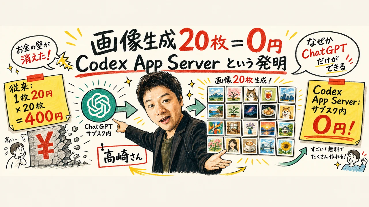 Codex App Serverの仕組みを説明する高崎さんの見出し画像。ChatGPTサブスクで画像生成API課金がゼロになる解説